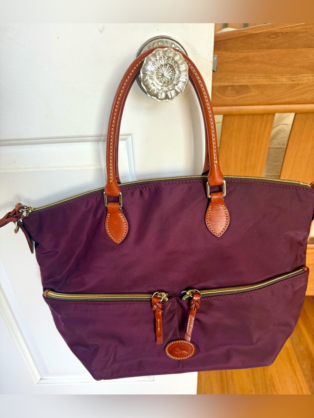 Dooney & Bourke Burgundy /Plum Tote with Brown Leather Handles vintage NWOT